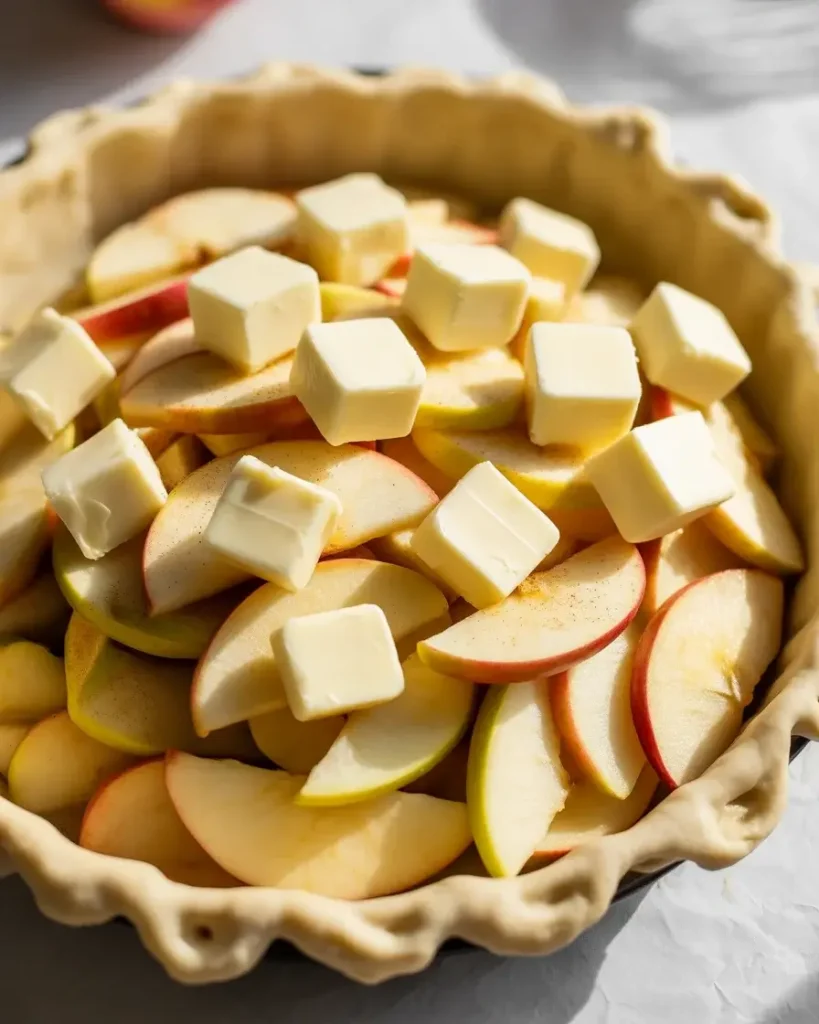 Apple filling mounded in crust and dotted with butter for richness