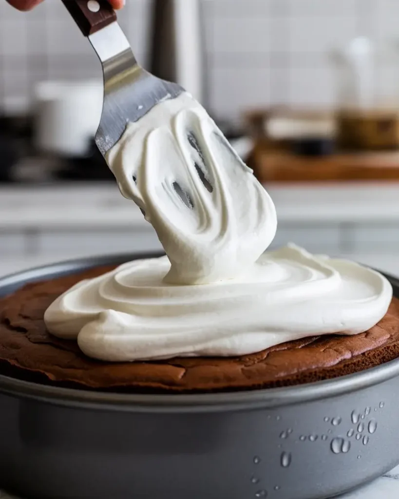 Beat cream to stiff peaks and spread on cold cake for stability