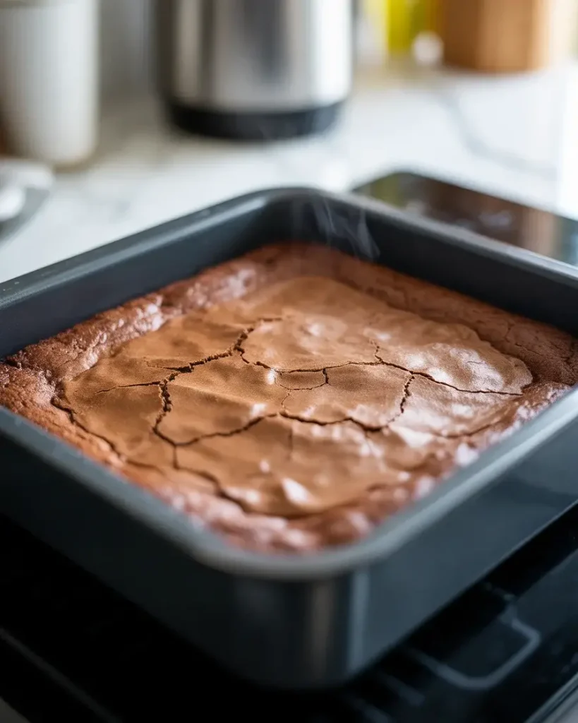 Brownies with signature crackly top and fudgy center just out of the oven