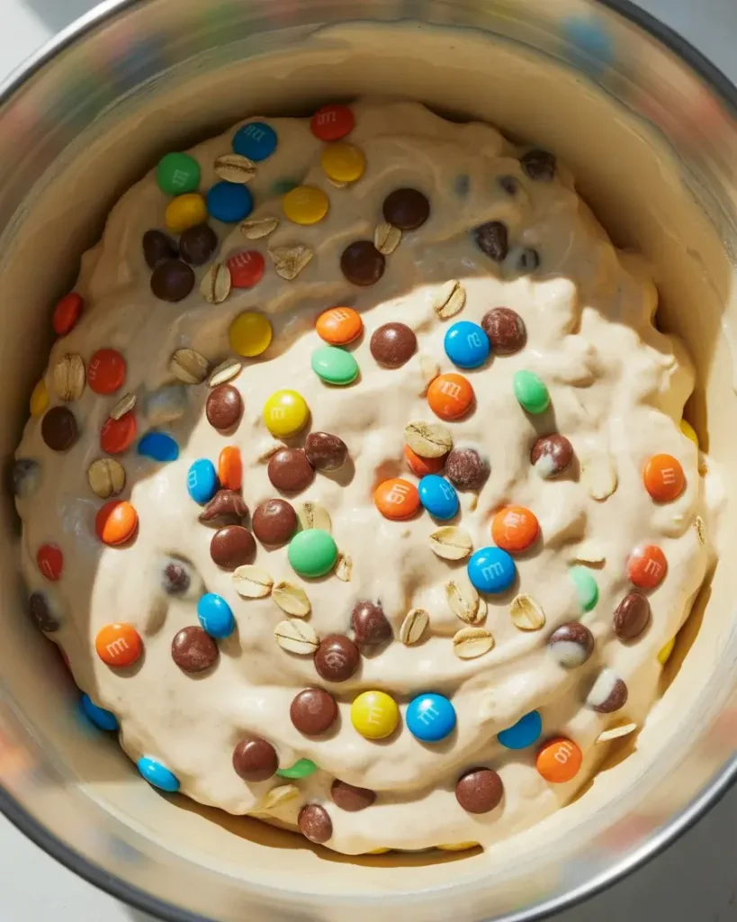Colorful M&Ms and chocolate chips folded into creamy cheesecake filling