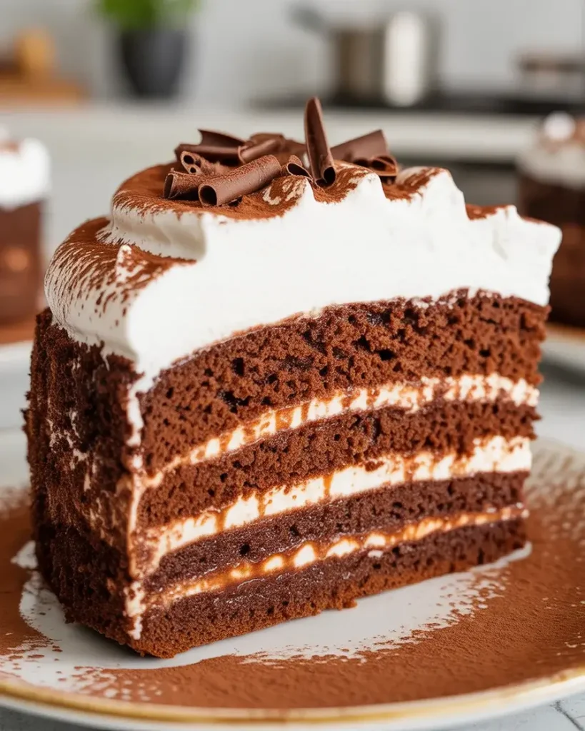 Chill overnight then top with whipped cream and cocoa dust