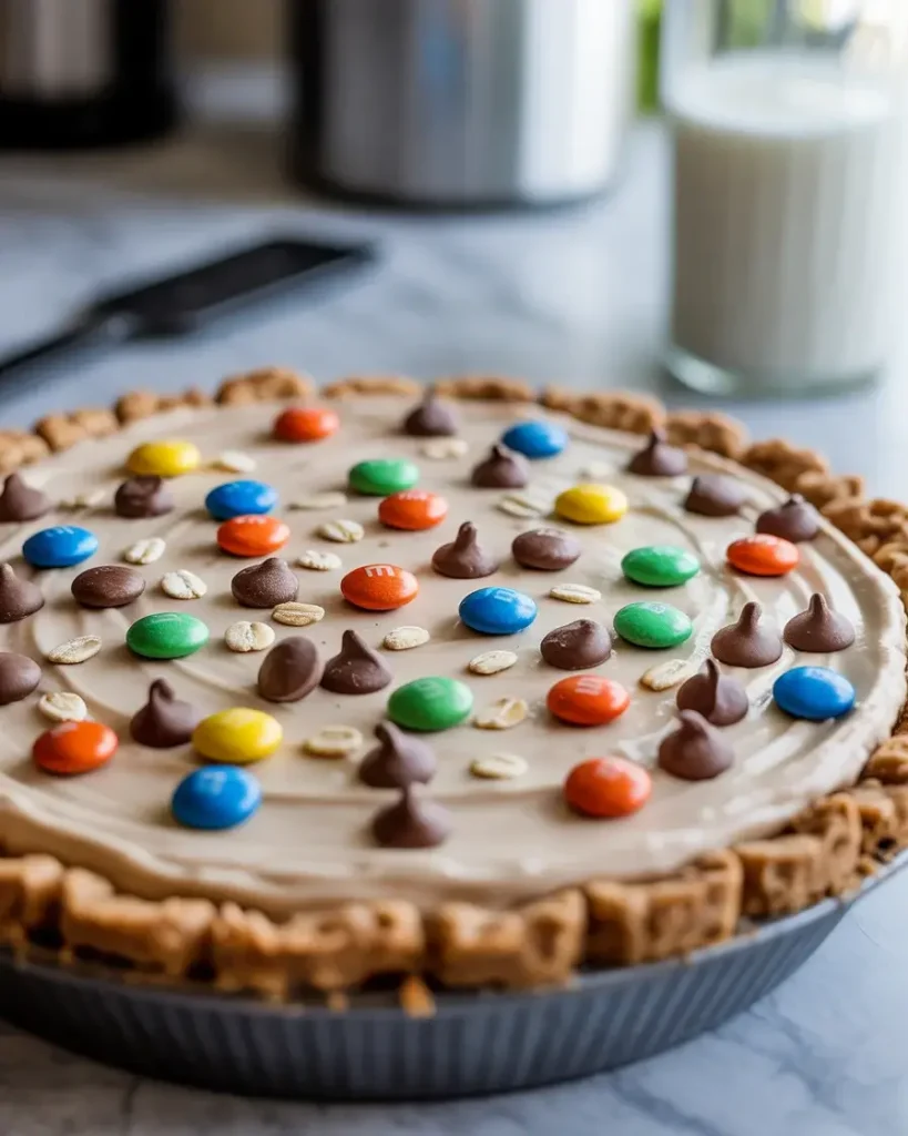 Finished pie topped with M&Ms, chocolate chips, and oats before chilling