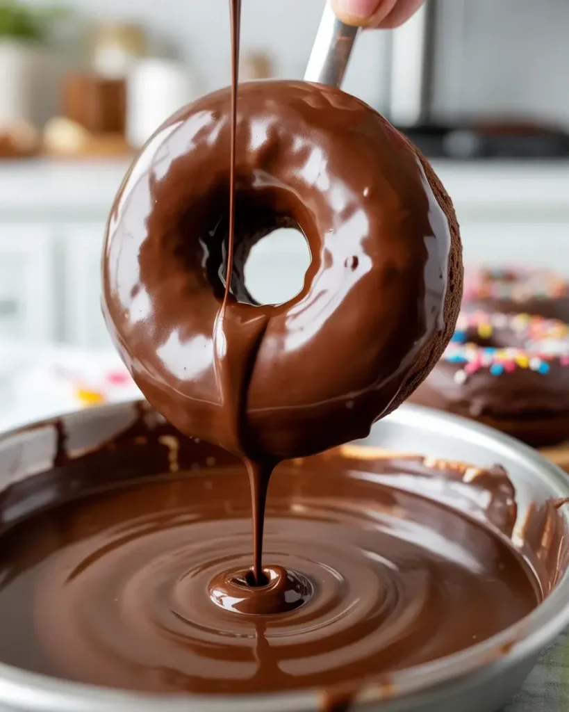 Dipping cooled donuts in chocolate glaze creates a beautiful glossy finish