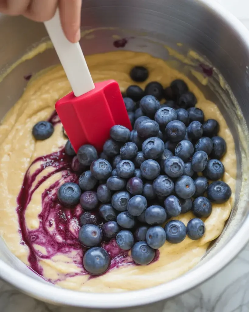 Fold blueberries gently to distribute evenly without deflating the batter