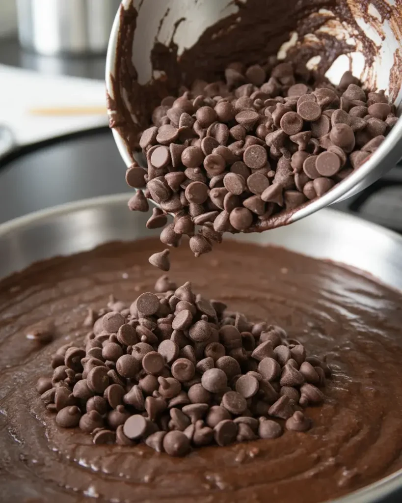Folding chocolate chips into batter for extra pockets of melted chocolate