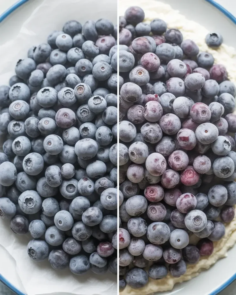 Frozen blueberries work well but need extra flour and longer baking time