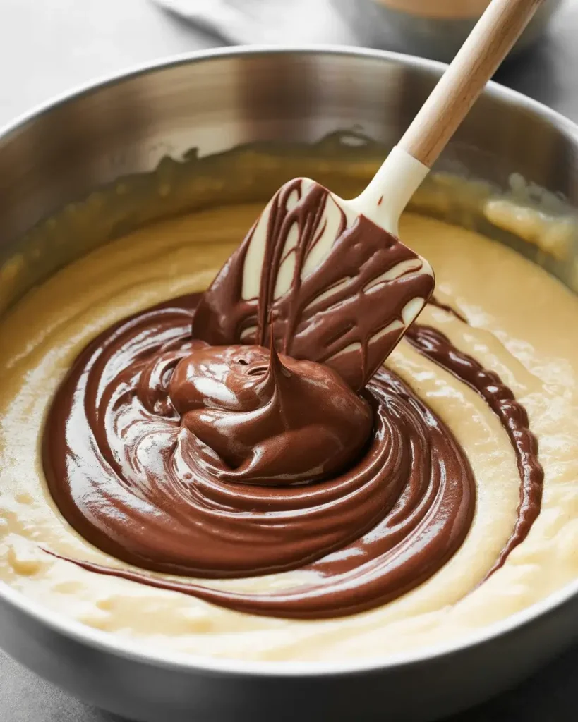 Gently folding chocolate into egg mixture to maintain fudgy texture