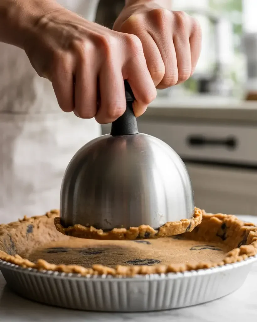 Pressing crust firmly with measuring cup bottom prevents crumbling