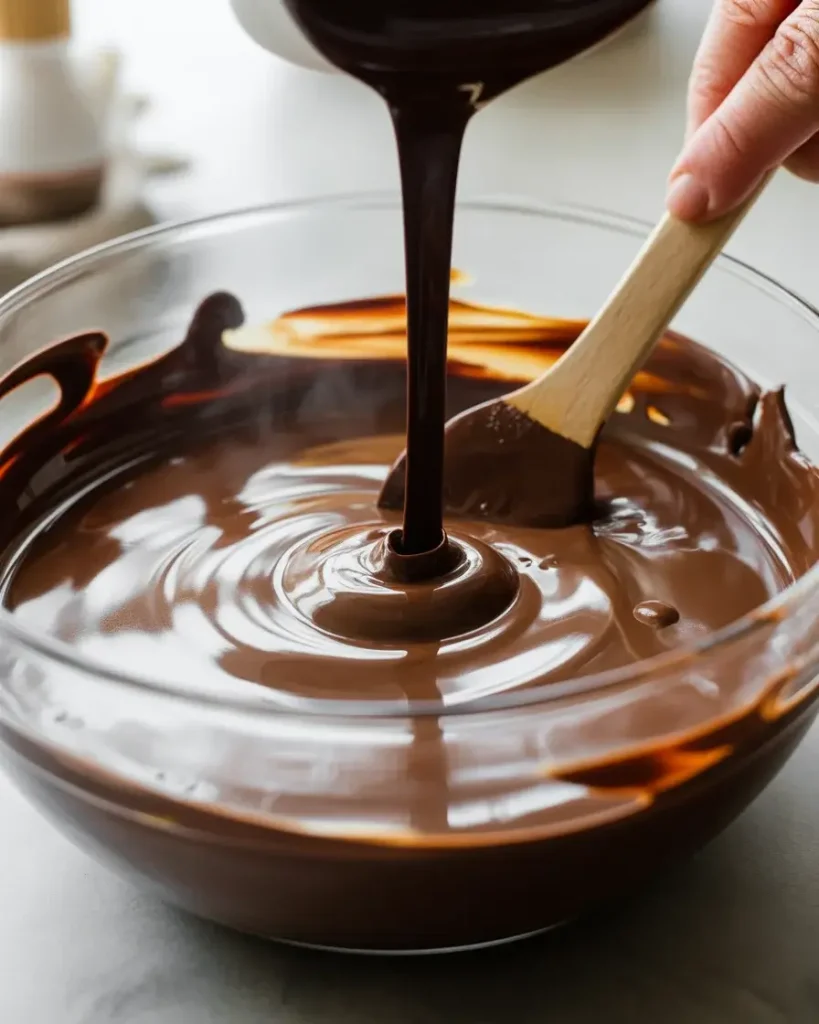 Melting chocolate and butter until smooth and glossy for rich brownie base