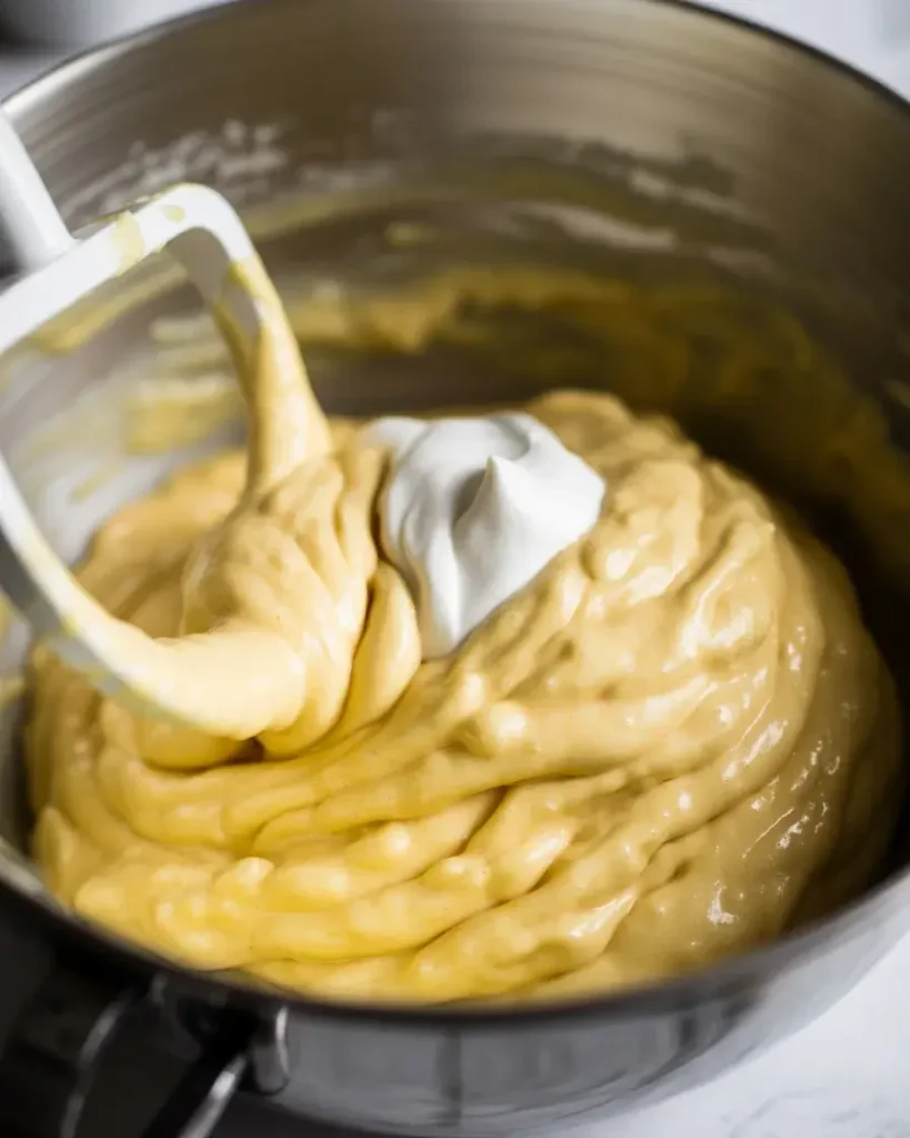 Mix just until flour streaks disappear to keep the cake tender