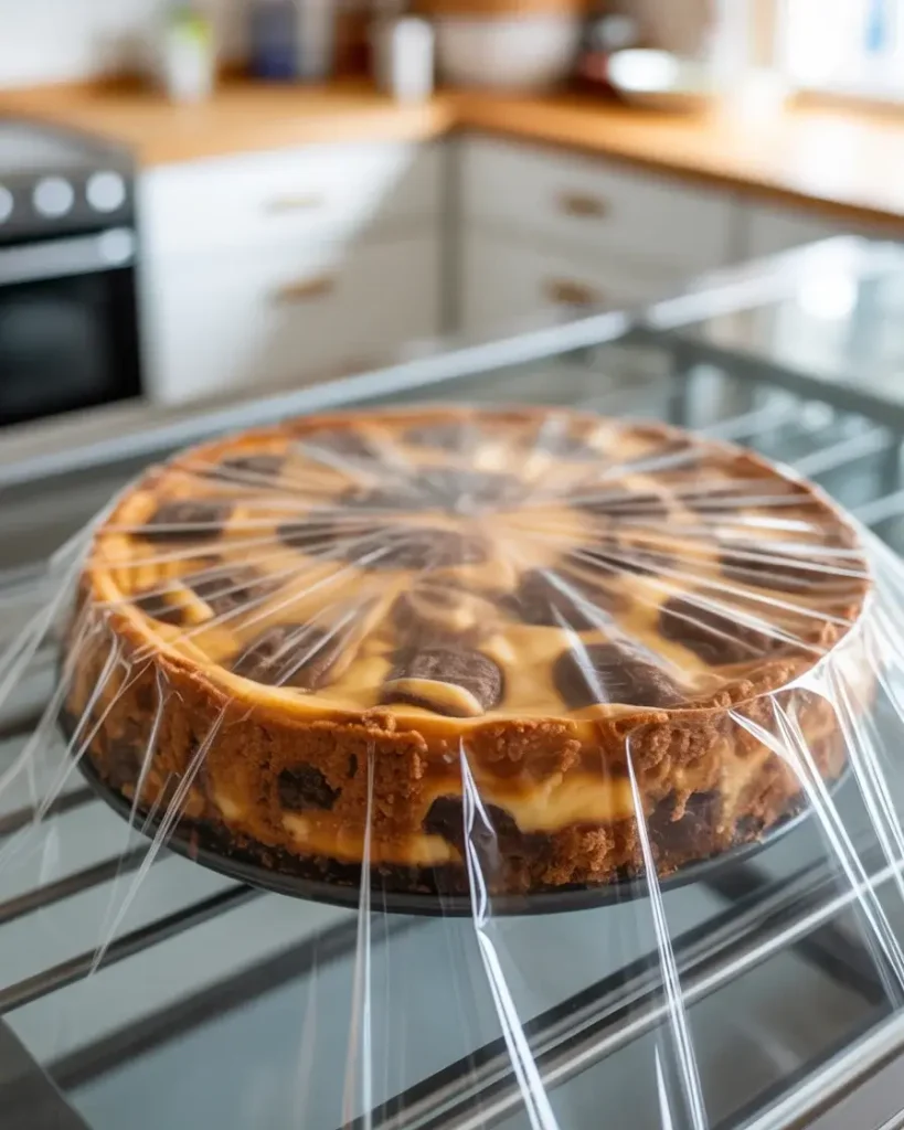 Pie chilling in refrigerator until filling sets firm for clean slicing
