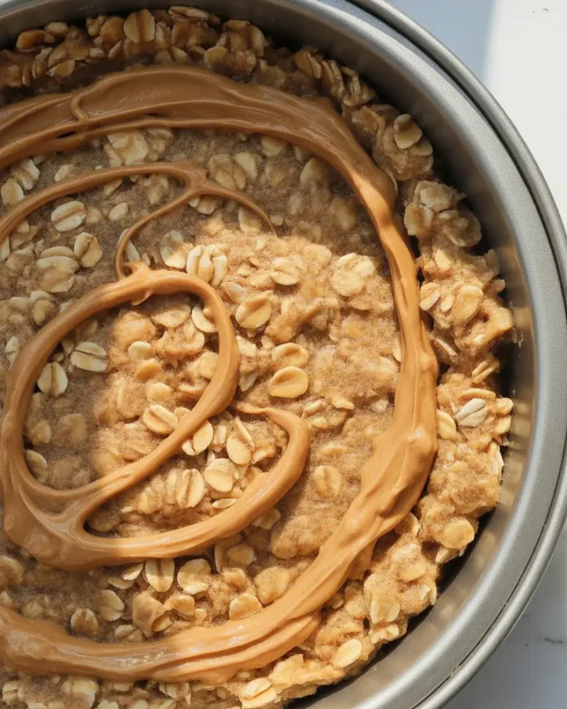 Monster cookie crust pressed firmly into pie pan with oats and peanut butter mixture