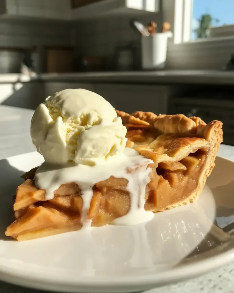 Perfect slice reveals tender apples and flaky layers with vanilla ice cream