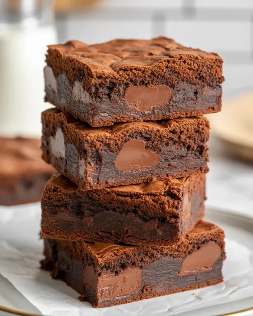 Perfectly cut brownies revealing fudgy centers and crispy edges