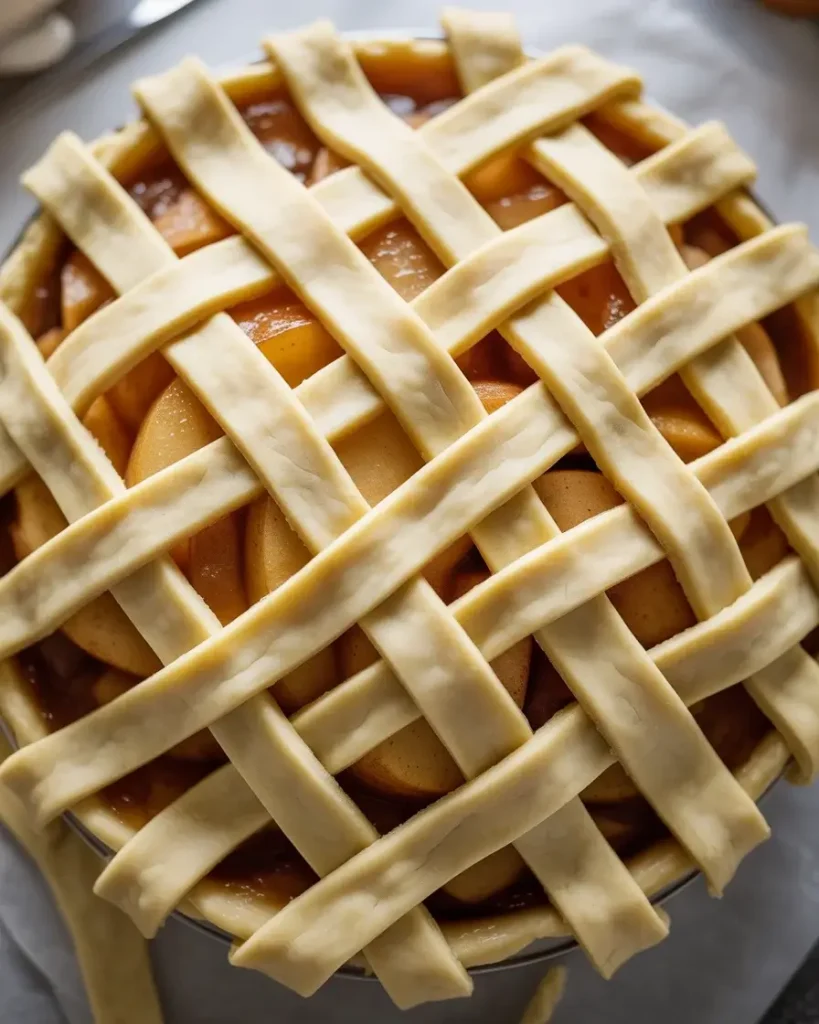 Perfectly woven lattice crust showcases the spiced apple filling beneath