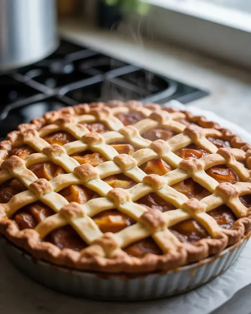 Pie baked until golden with filling bubbling through lattice openings