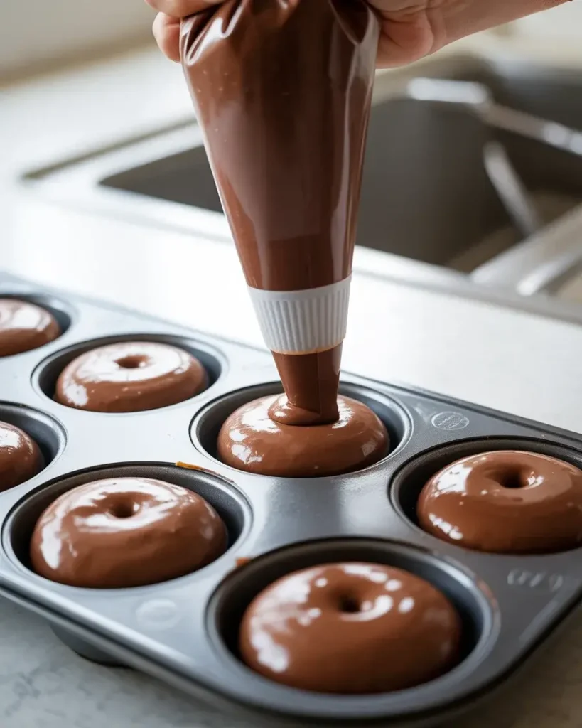  Piping batter into the donut pan ensures even distribution and perfect shapes