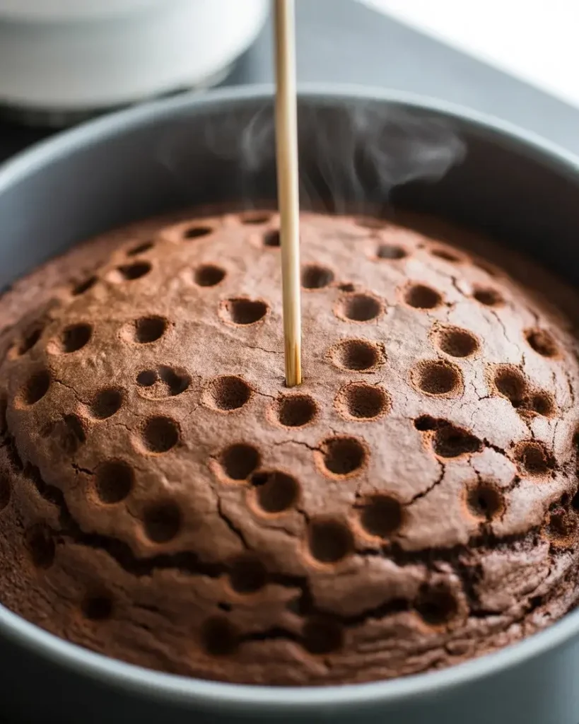 Poke holes throughout the cooled cake for even milk absorption