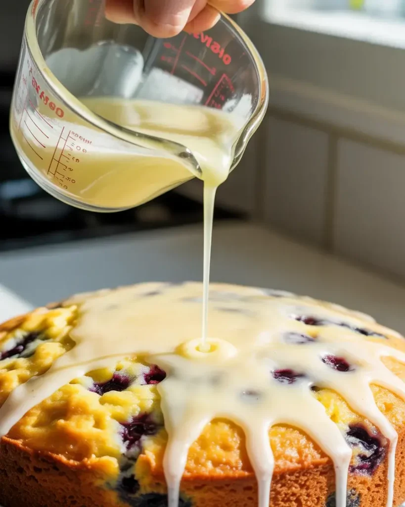 Pour glaze over warm cake with poked holes for maximum moisture