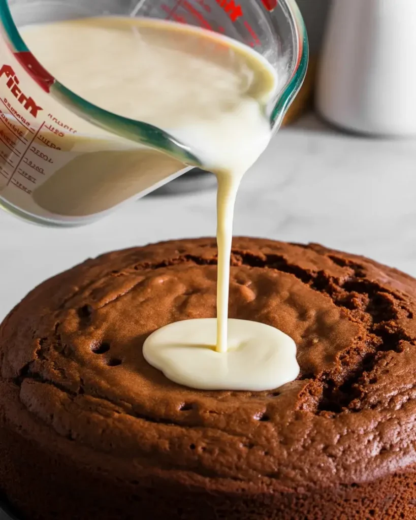  Pour milk mixture slowly over cake to ensure even soaking