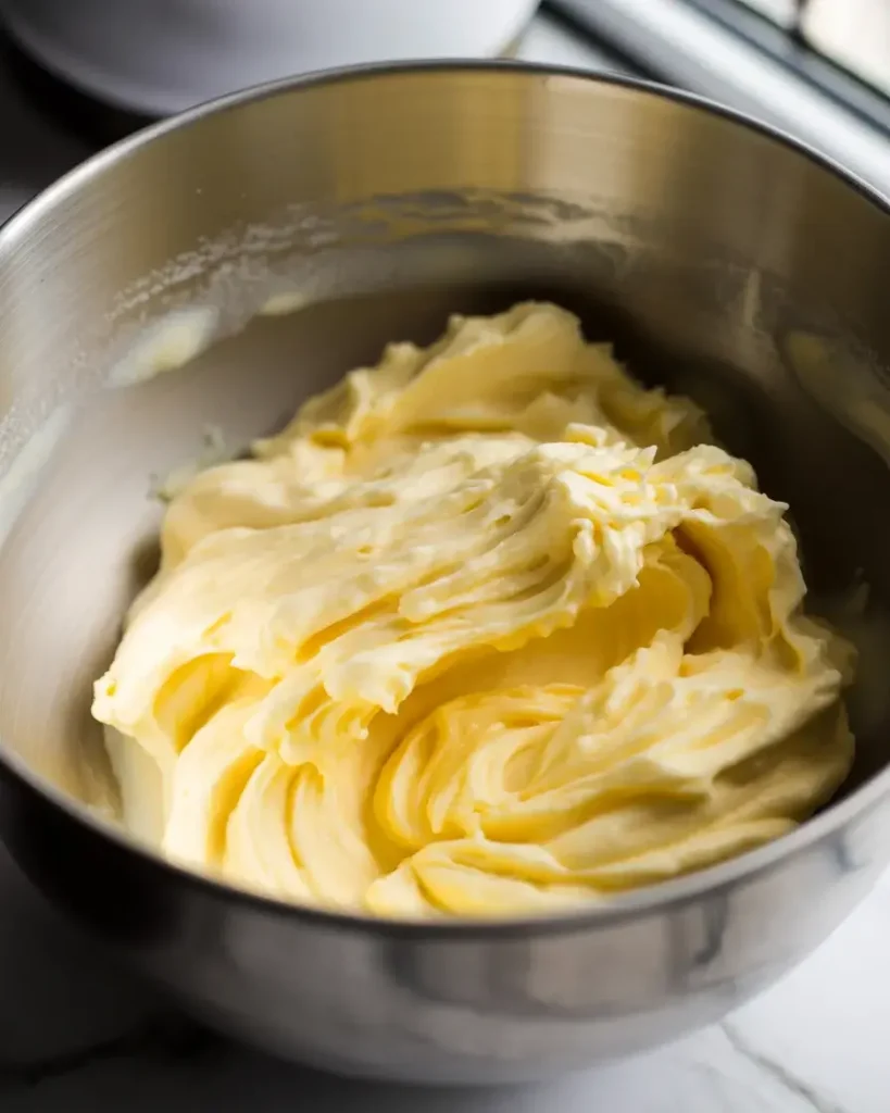 Properly creamed butter and sugar should look pale and fluffy with air pockets