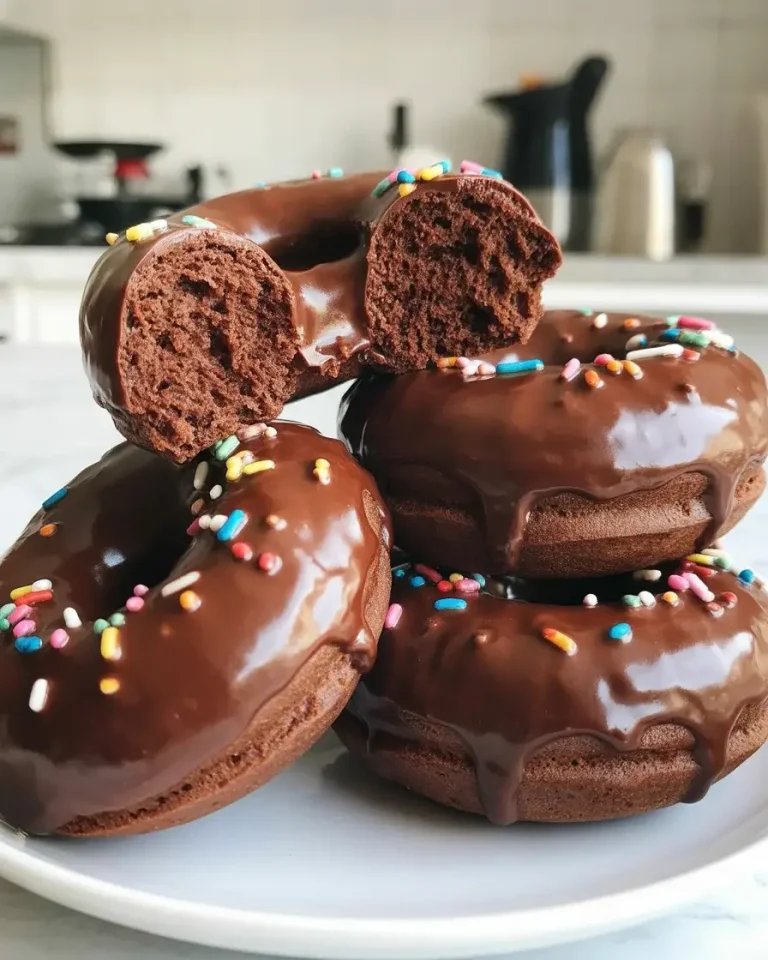 Rich, fudgy chocolate donuts with glossy glaze and moist tender crumb inside