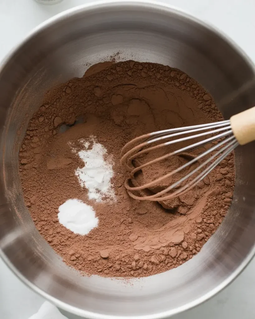 Sifted dry ingredients ready for mixing create the foundation for fudgy donuts