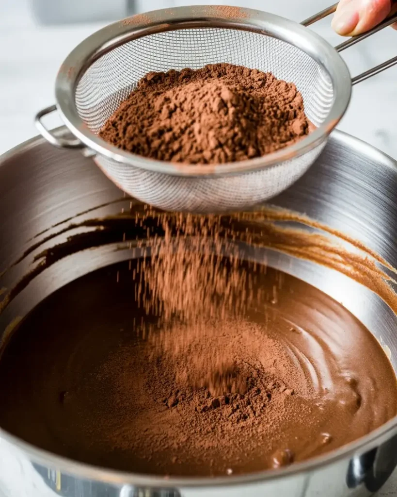 Sifting dry ingredients over batter for even distribution and fudgy texture