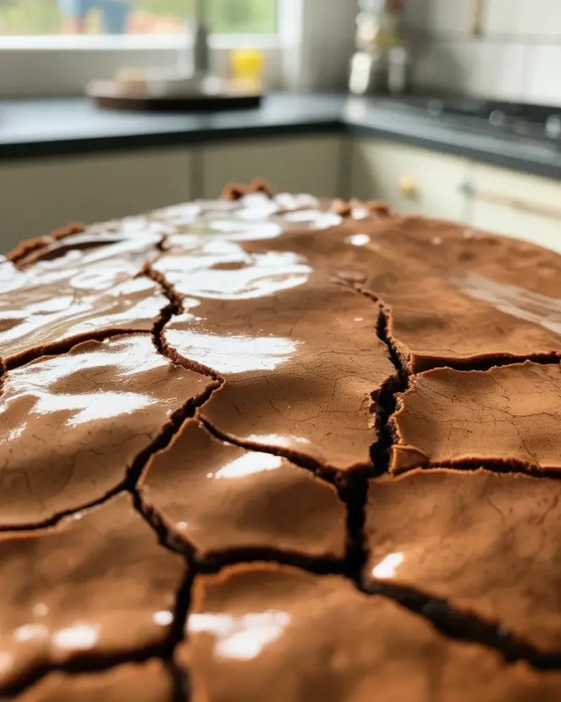Signature crackly top created by whisking eggs and sugar thoroughly