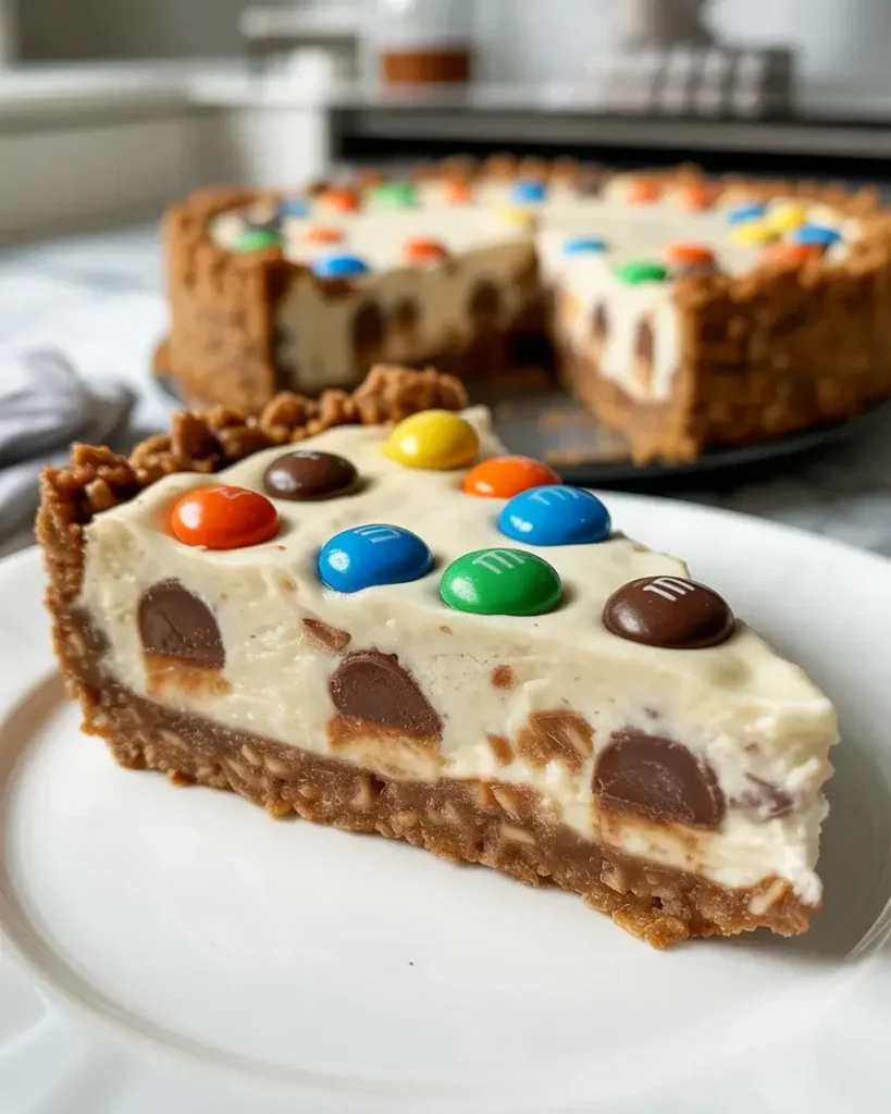 Perfect slice showing creamy filling, colorful candies, and textured oat crust