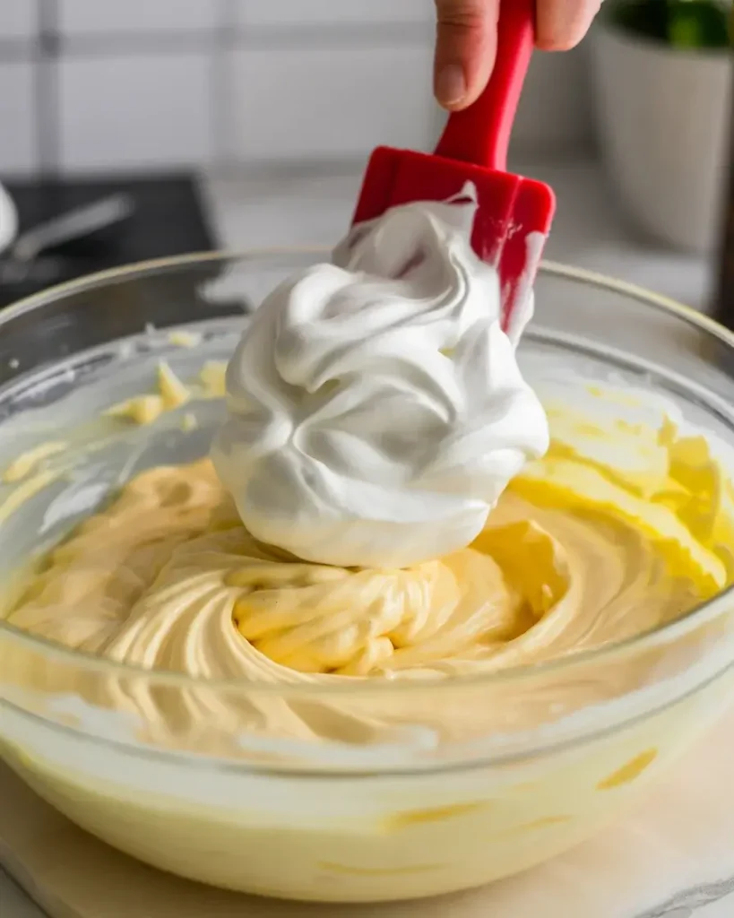 Folding whipped cream into filling to create light, mousse-like texture