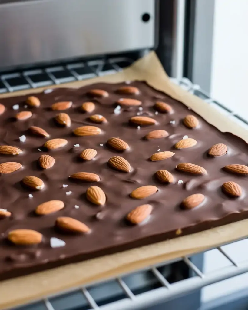 Almond bark fully set in refrigerator with firm matte surface ready to break