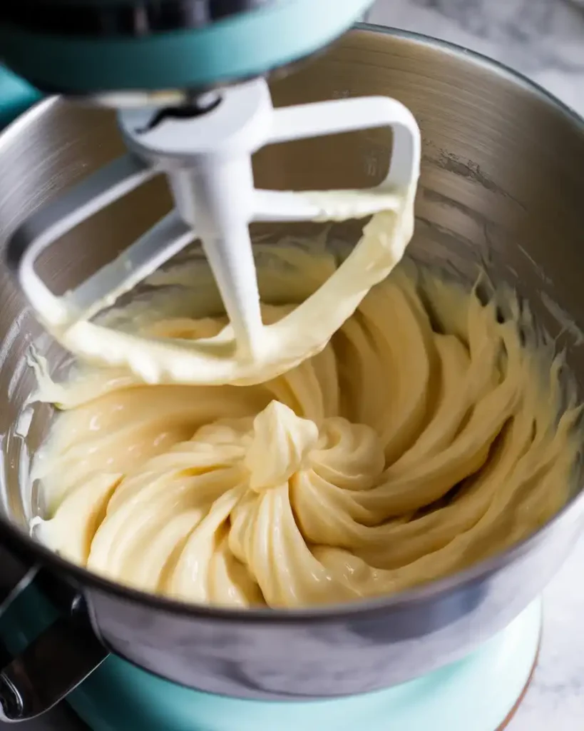 Beating cream cheese until smooth and fluffy with no lumps visible