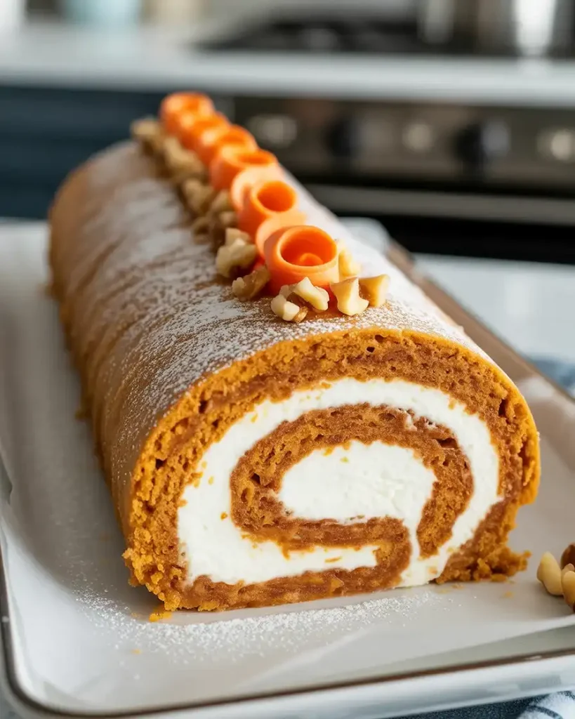 Beautifully sliced carrot cake roll revealing perfect cream cheese spirals