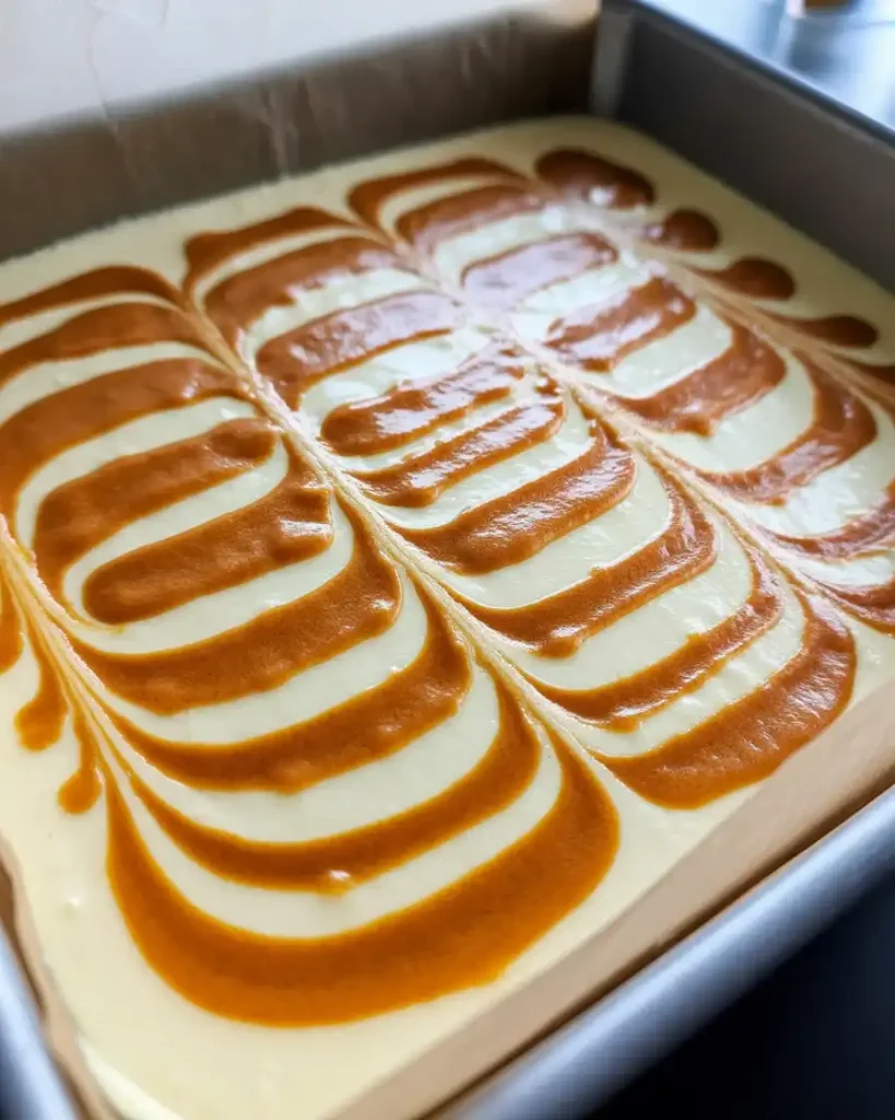 Beautifully swirled pumpkin and cream cheese layers before baking