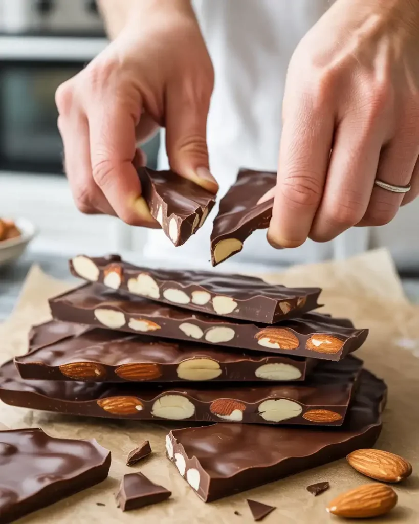 Breaking set almond bark into rustic irregular pieces with a satisfying snap