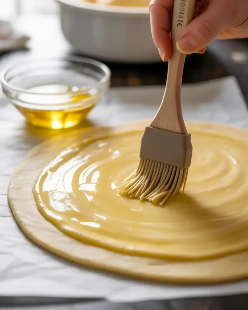 Brushing melted butter over the dough circles for flaky golden layers