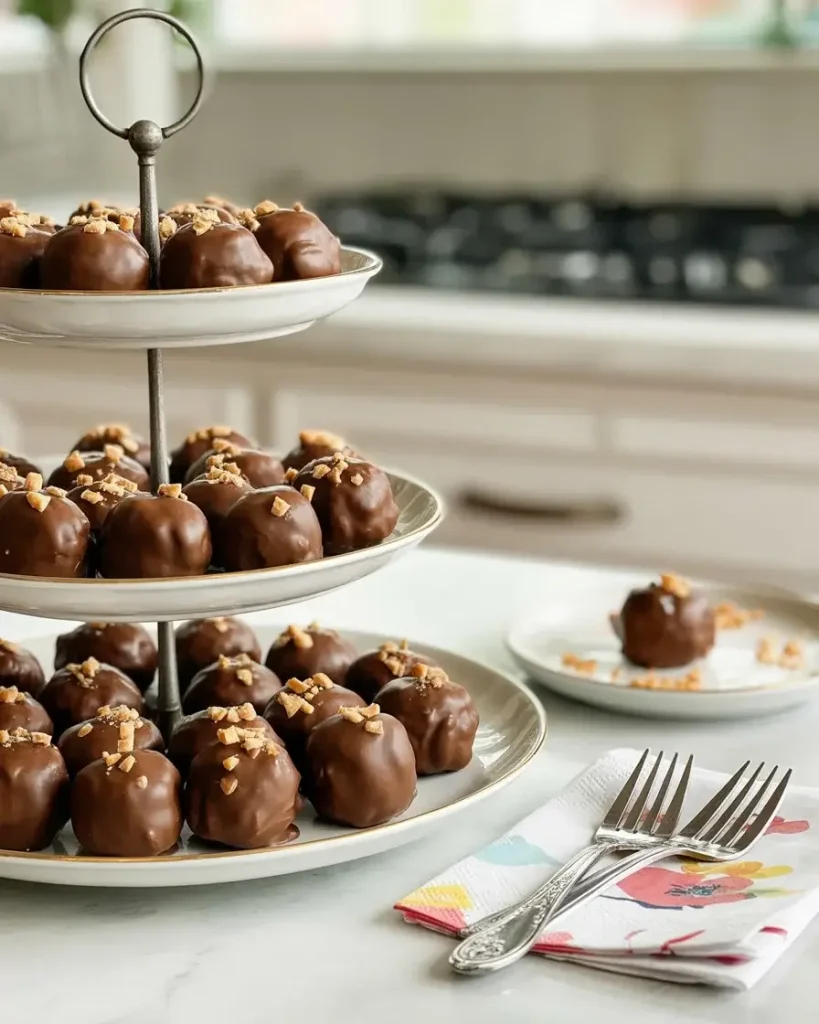 Butterfinger balls displayed on tiered platter perfect for parties and celebrations