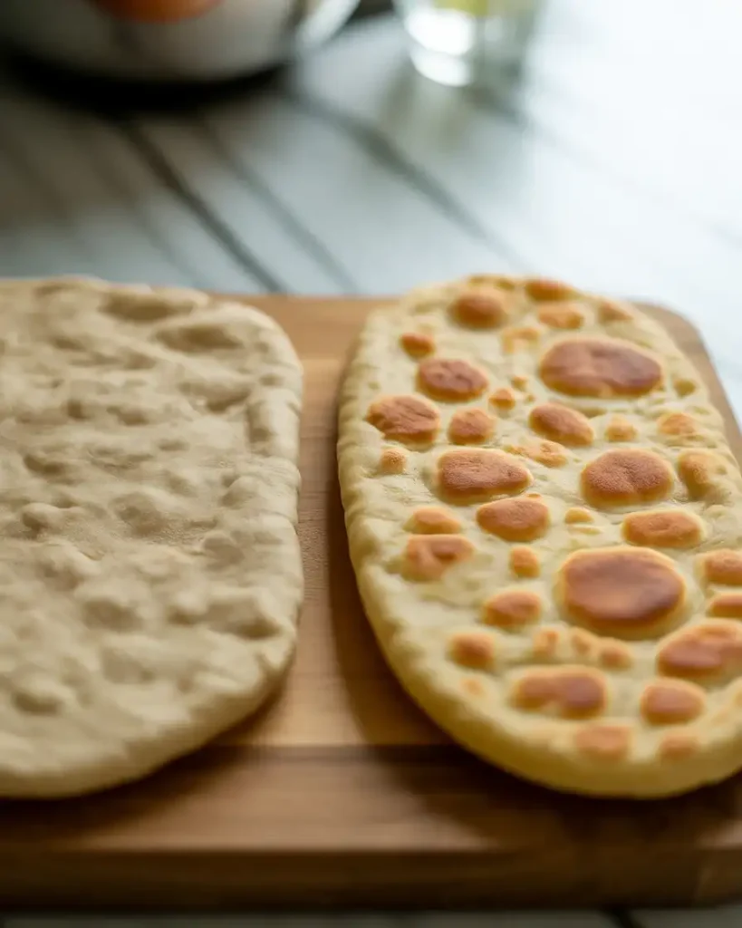 Comparison of tough undercooked toastul versus perfectly crispy golden version