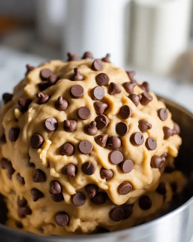 Cookie dough filled with mini chocolate chips ready for the waffle iron