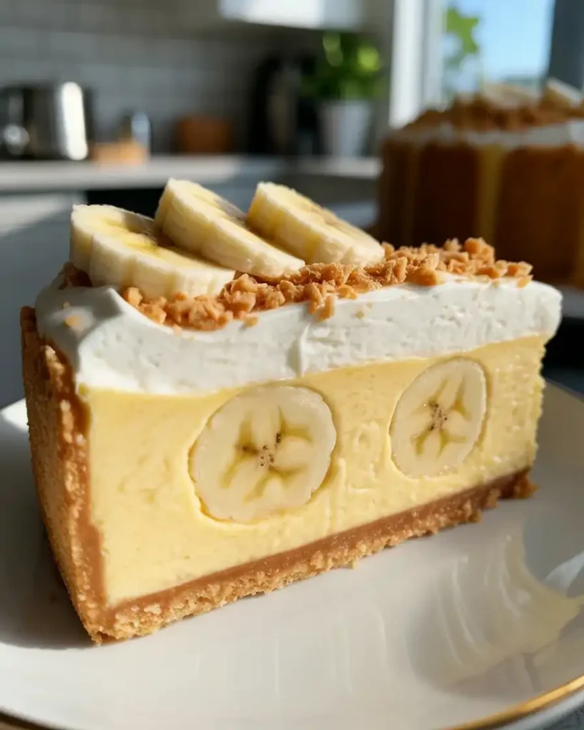 Perfect slice showing vanilla wafer crust, creamy filling, and whipped topping