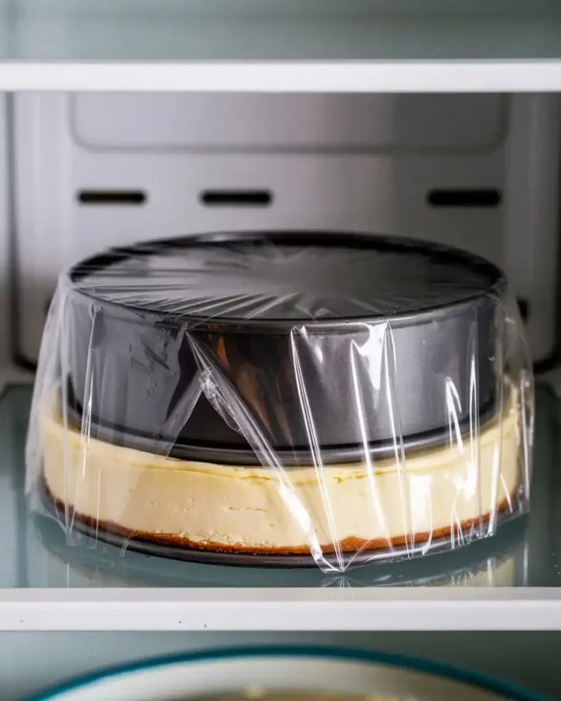 Cheesecake chilling in refrigerator with plastic wrap covering