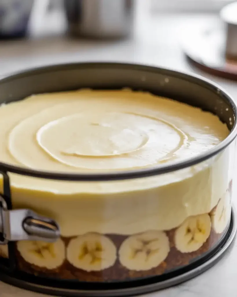 Layered banana pudding cheesecake in springform pan before chilling