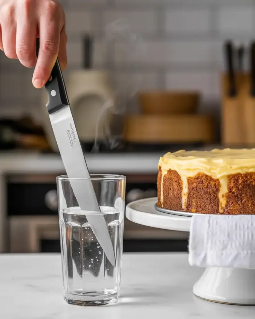 Dipping knife in hot water for clean cheesecake slicing