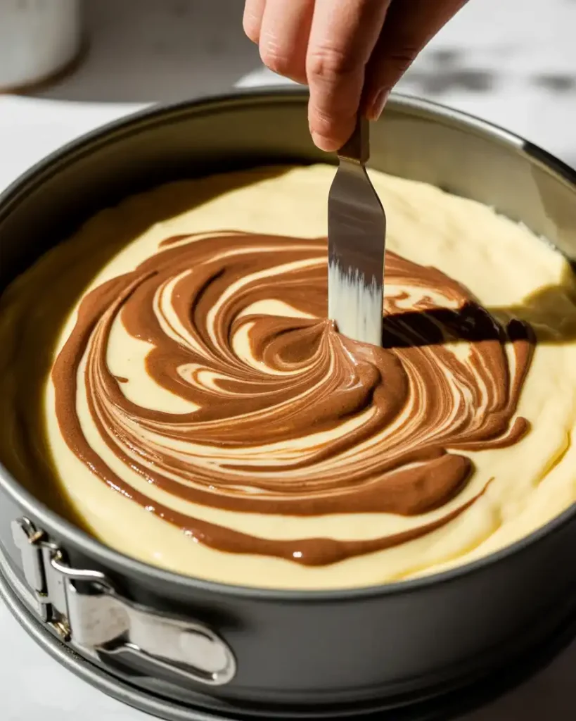 Creating beautiful marble swirls with cinnamon filling and cheesecake batter
