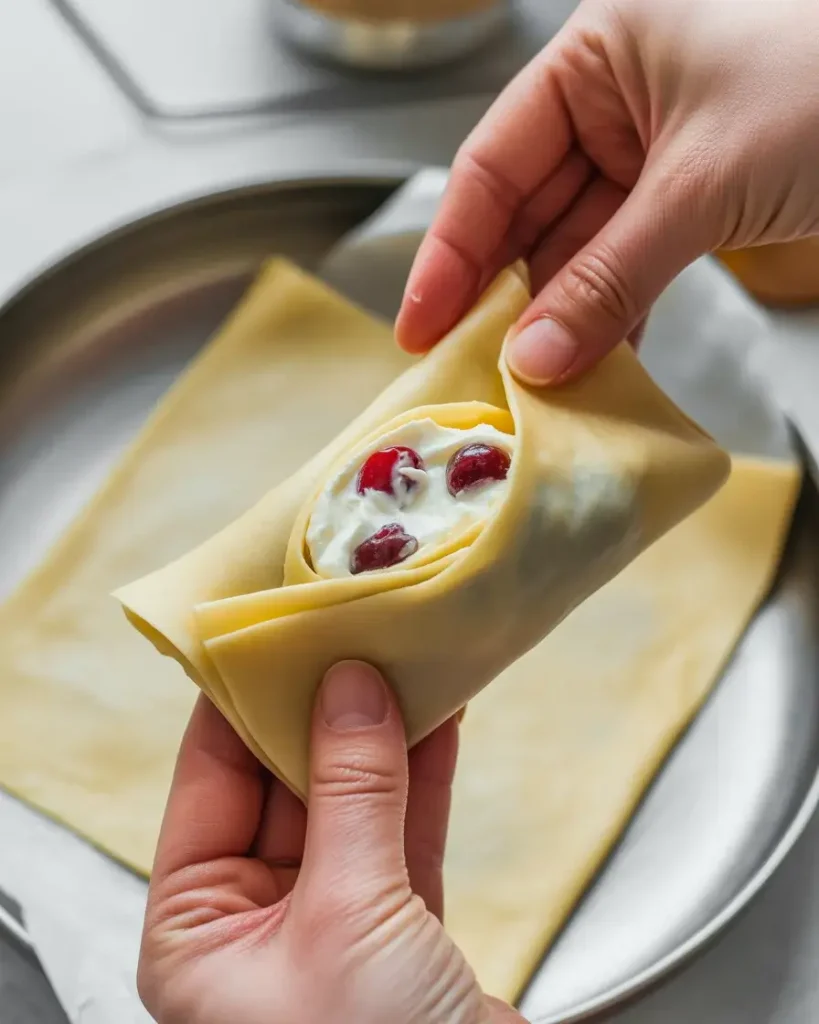 Folding egg roll wrapper around cherry cheesecake filling with tight seal