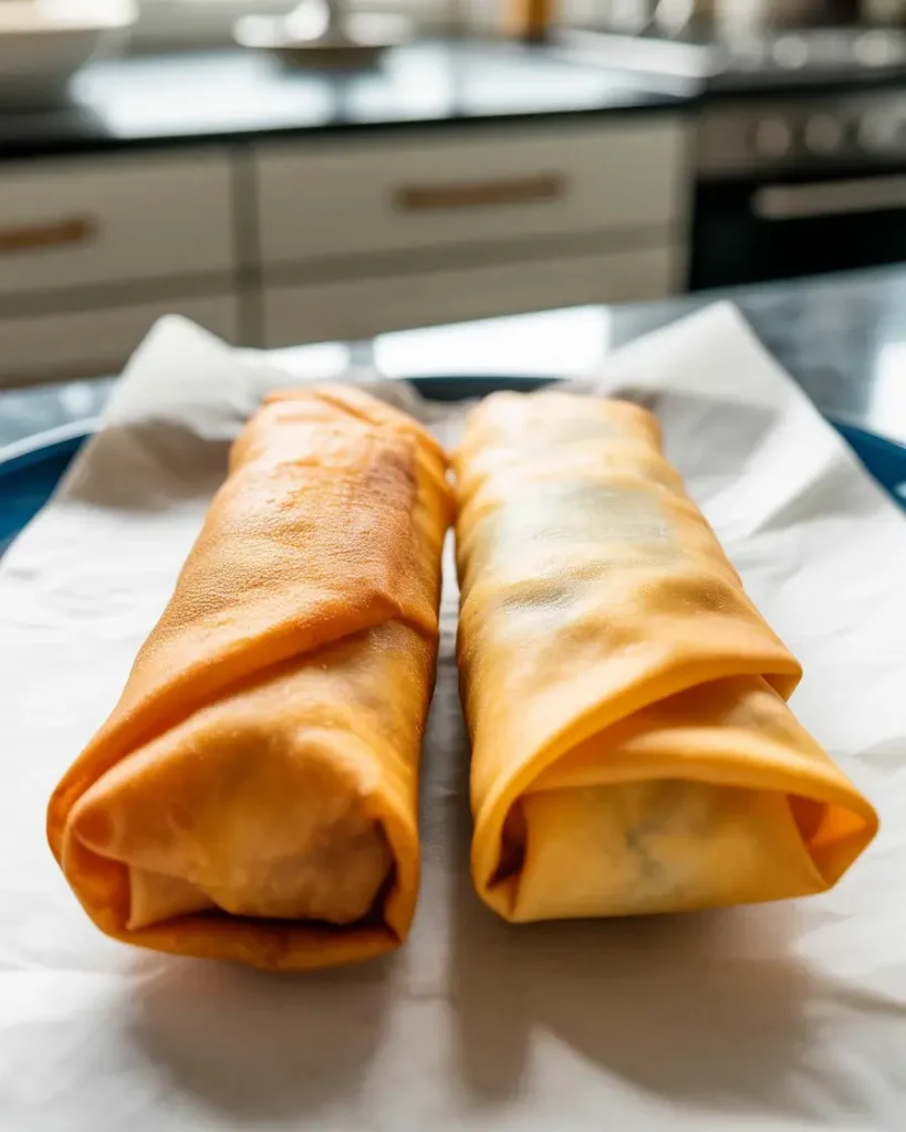  Fried versus baked egg rolls showing texture and color differences