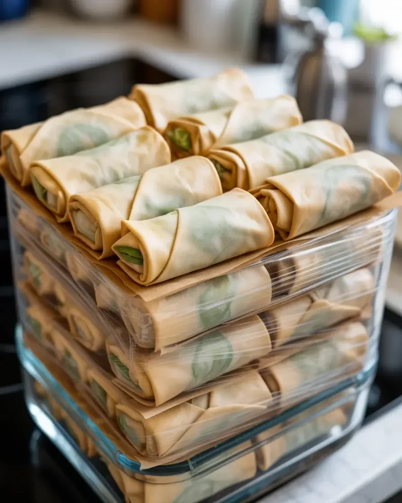 Make-ahead egg rolls stored with parchment layers for easy frying later