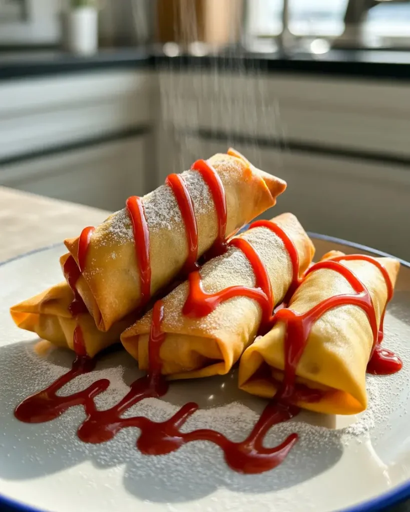 Finished egg rolls dusted with powdered sugar and cherry sauce drizzle