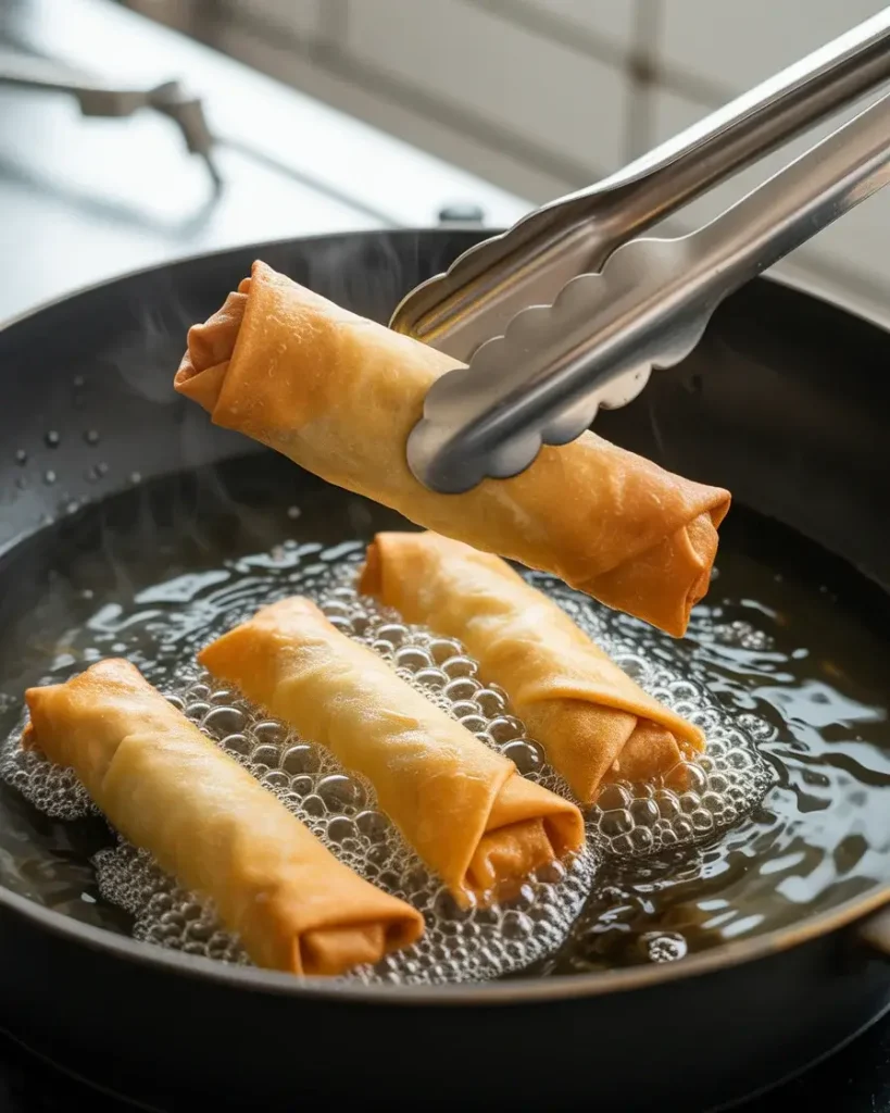 Frying egg rolls until deep golden brown with bubbly crispy texture